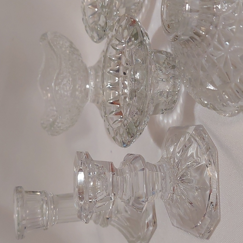 Set Of 8 Glass Candleholders Anchor Hocking Crinkle & Stars, Mikasa, Lead Glass.